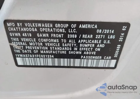 2015 Volkswagen Passat 1.8T Wolfsburg Edition из США, поврежденный, VIN 1VWAS7A31FC021234